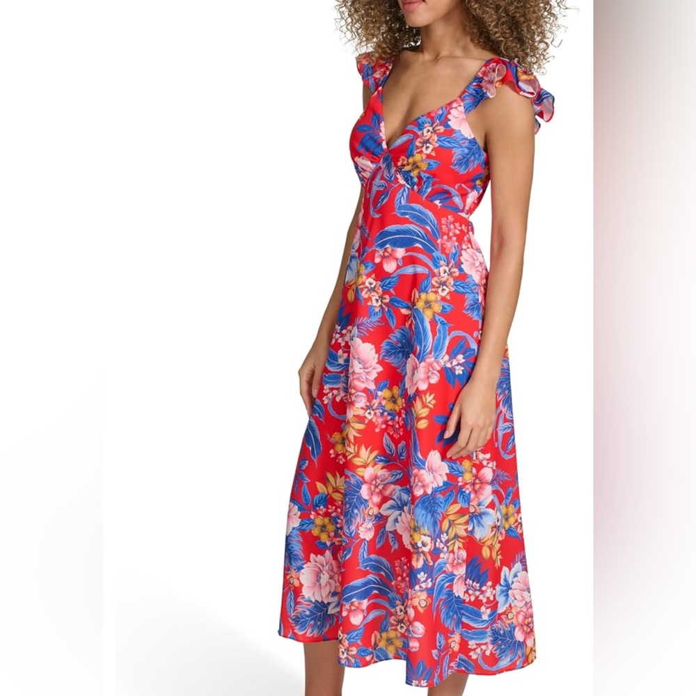 NWT  Siena Women's Red Floral Flutter Sleeve V-Neck Printed Maxi Dress Size 12